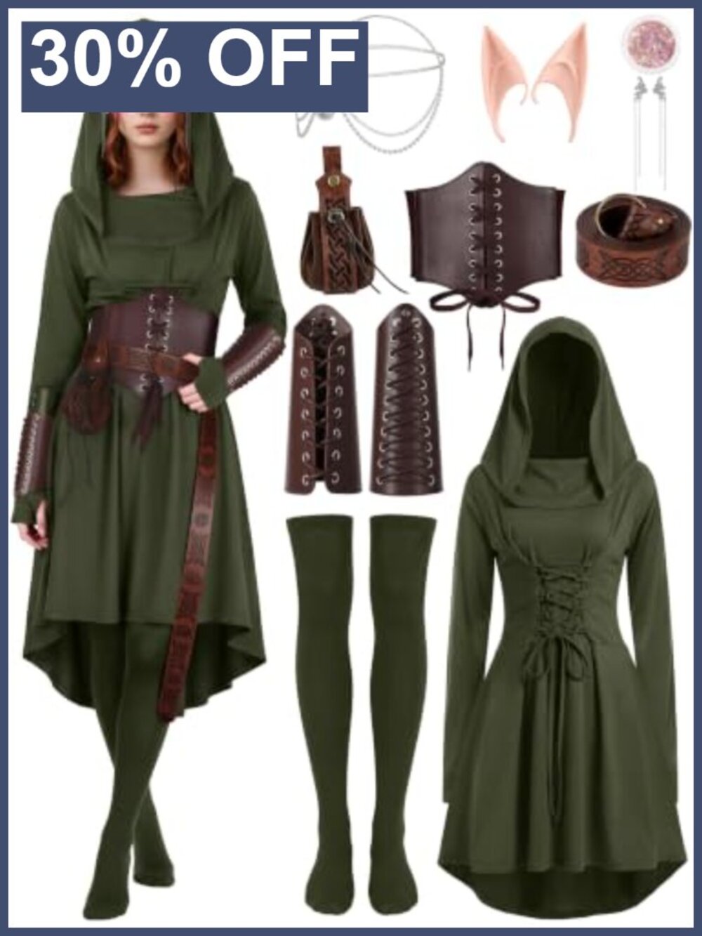 10-Piece Women Renaissance Elf Costume Medieval Dress S-XXL